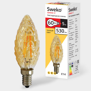 Лампа SWEKO 5W C35 E14 3000K GG СВЕЧА ретро шишка золото LED филамент 