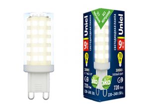 Лампа светодиодная Uniel LED-JCD-9W/3000K/G9/CL, прозрачная, 3000К