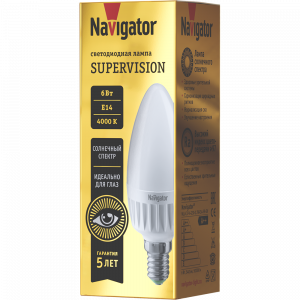 Лампа с/д Navigator SUPERVISION свеча С37 E14 6W 4000K, 600Lm, Ra97